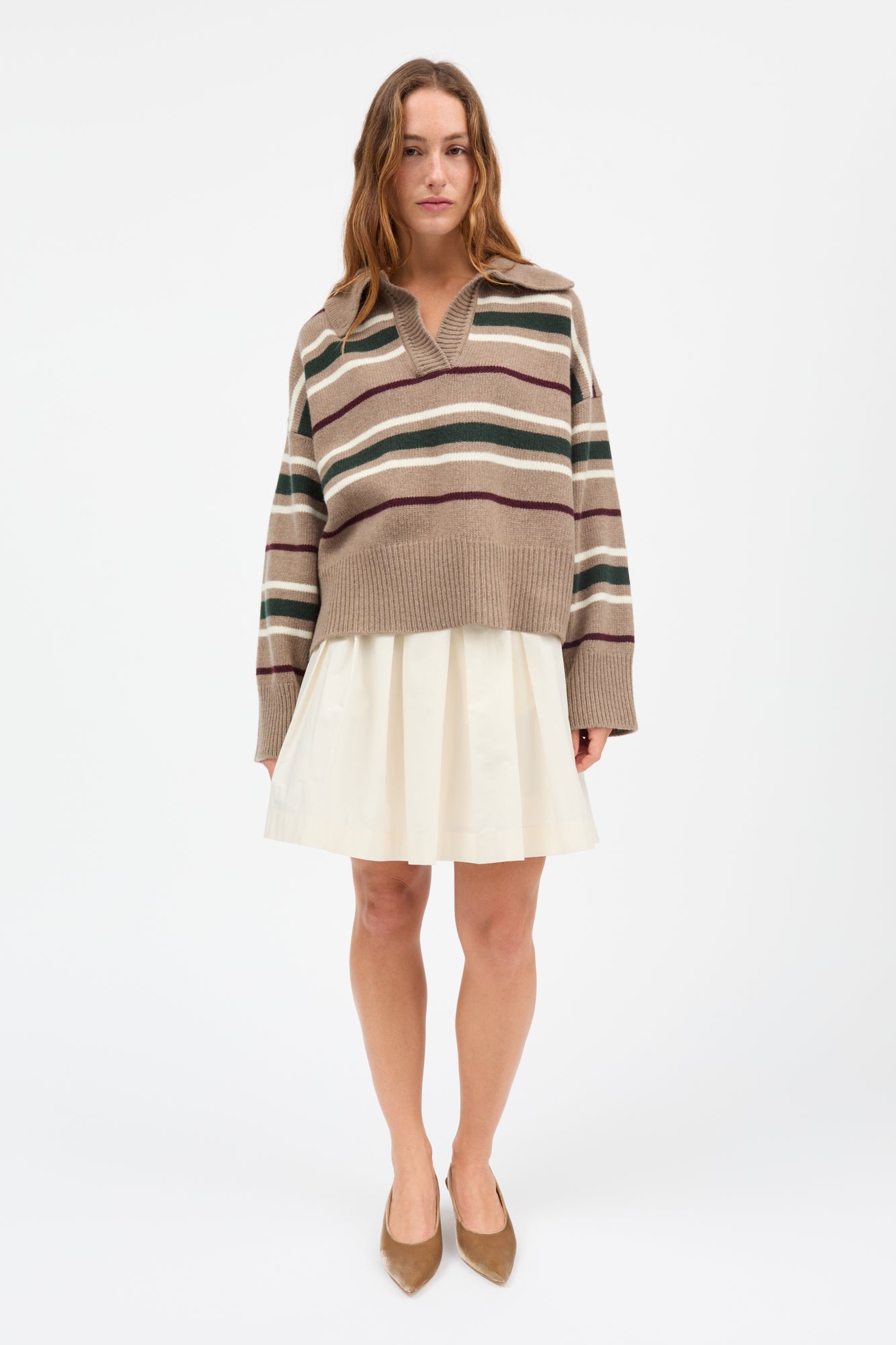 Skall Studio Paul V-neck jumper Jumper Light brown/green/wine stripe